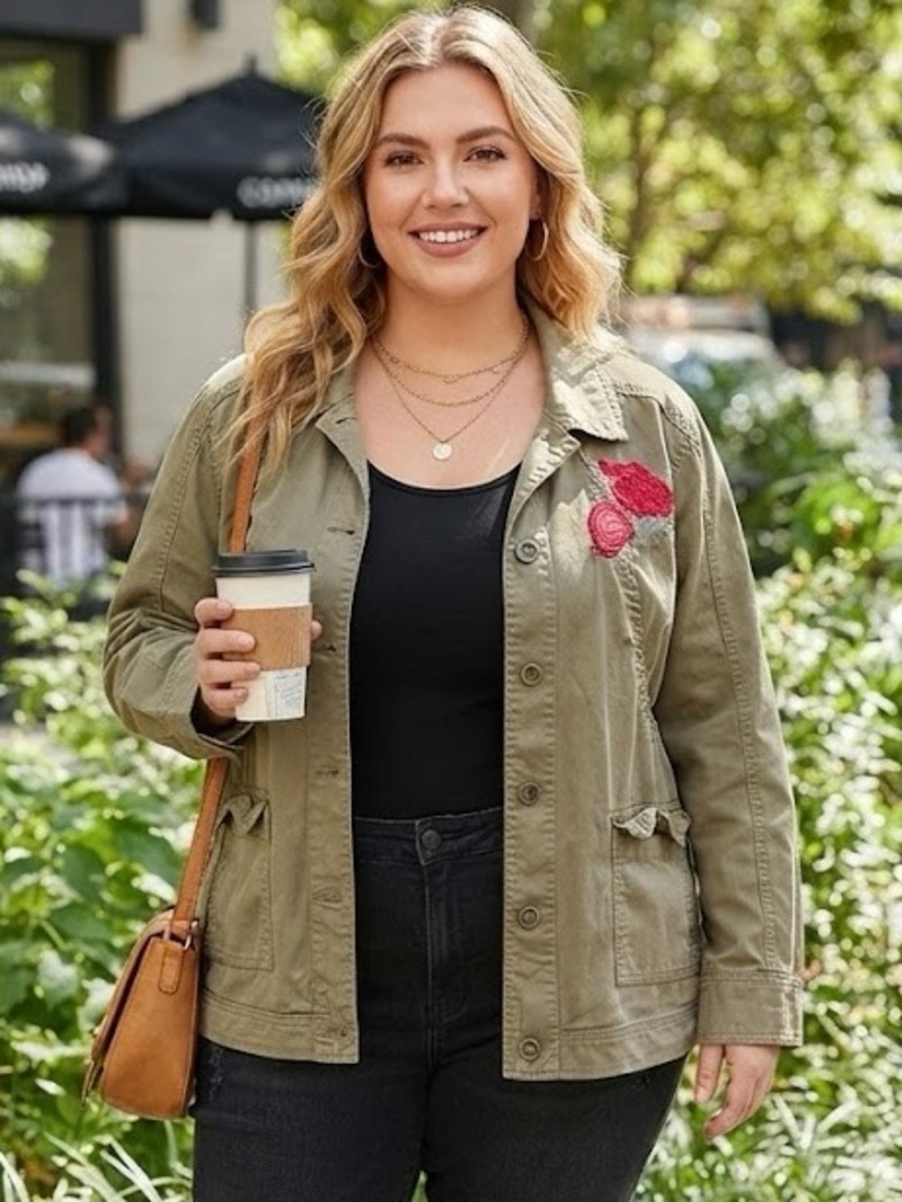 In Every Story Olive Green Utility Jacket Floral Rose Embroidery Cargo Khaki